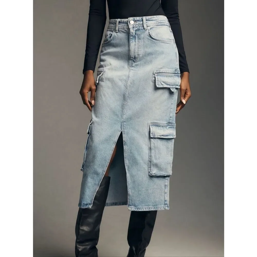 Anthropologie Pilcro Midi‎ Skirt Cargo Blue Denim 2